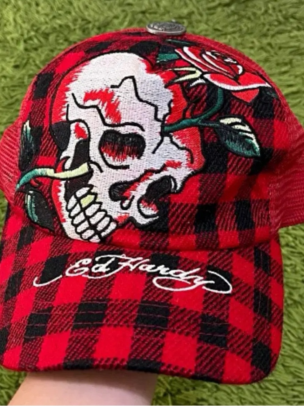 Ed Hardy  Red Plaid Skull Cap with Rose Embroidery